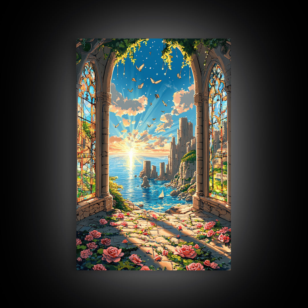 Sunlit Stained Glass Arch Ocean Ruins Framed Canvas Print, Coastal Wall Art, Rose Garden Decor, Fantasy Seascape Art Gift
