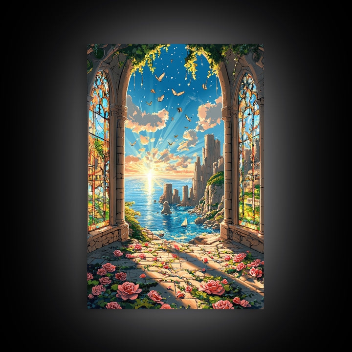 Sunlit Stained Glass Arch Ocean Ruins Framed Canvas Print, Coastal Wall Art, Rose Garden Decor, Fantasy Seascape Art Gift