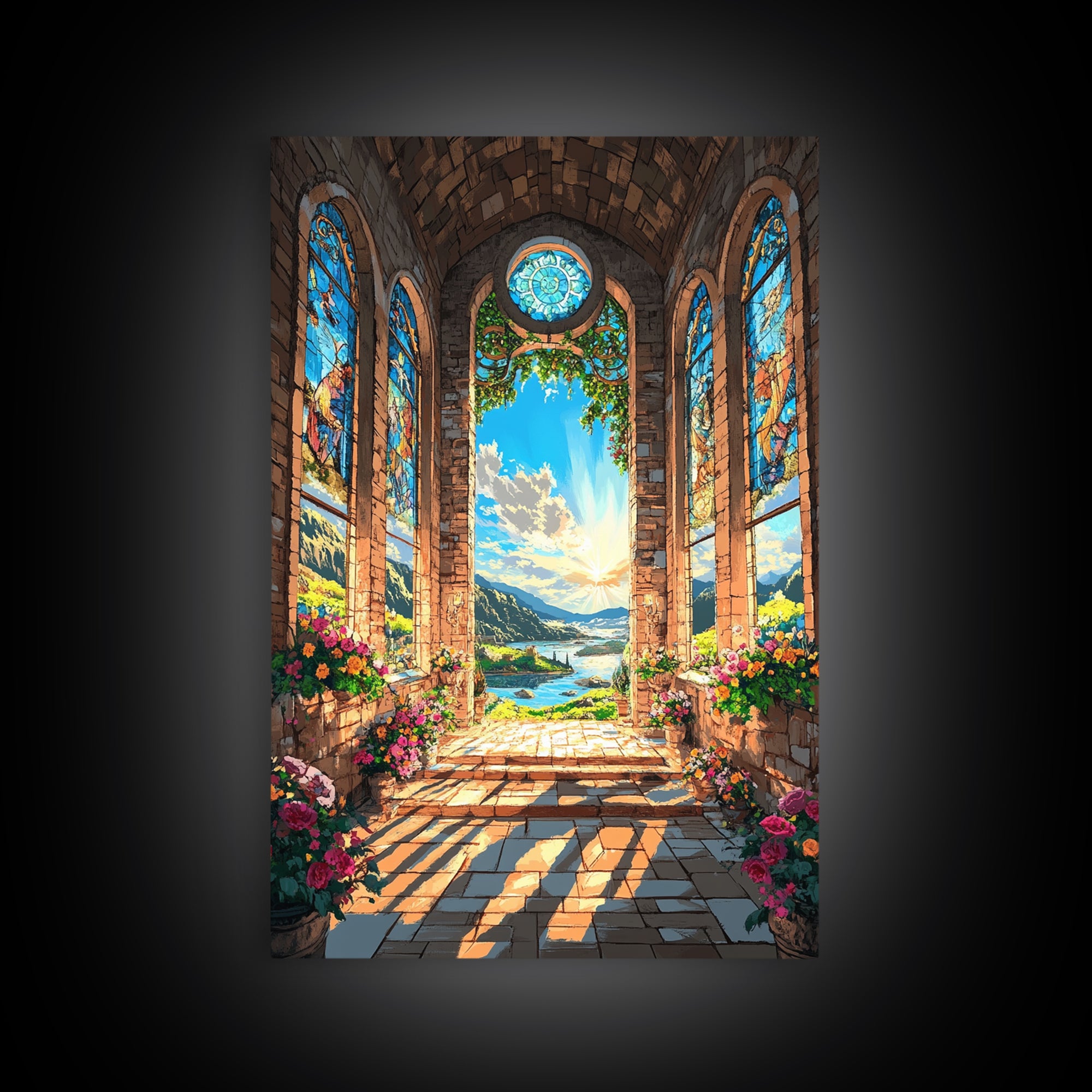Cathedral Window Lake Vista Framed Canvas Print, Stained Glass Wall Art, Floral Garden Decor, Serene Coastal Landscape Art