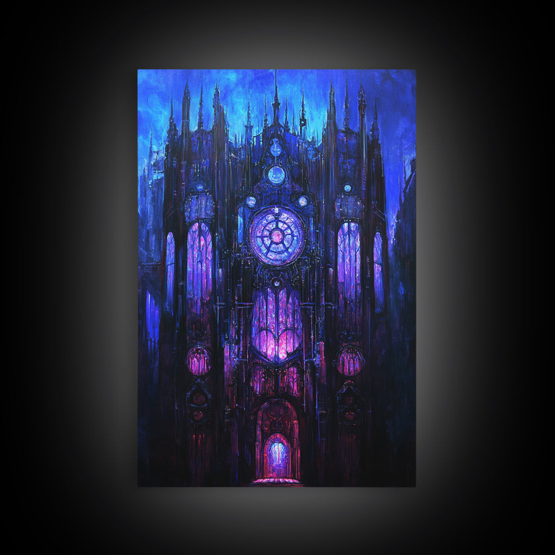 Blue Gothic Clockwork Cathedral Canvas Print, Dark Academia Wall Art, Purple Stained Glass Decor, Moody Fantasy Art Poster