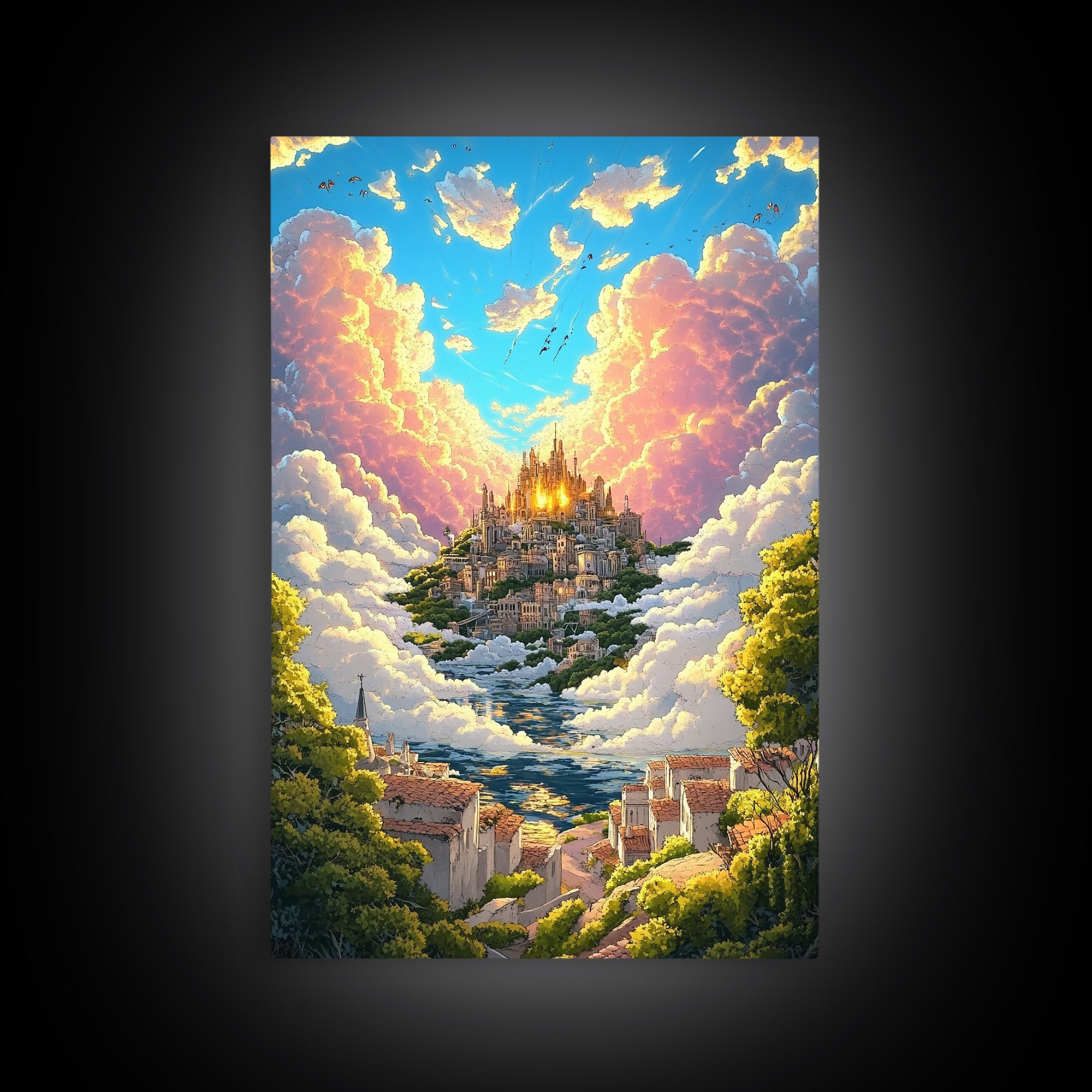 Heavenly Cloud City Above Coastal Village Canvas Print, Fantasy Wall Art, Colorful Landscape Decor, Dreamy Sunlit Poster