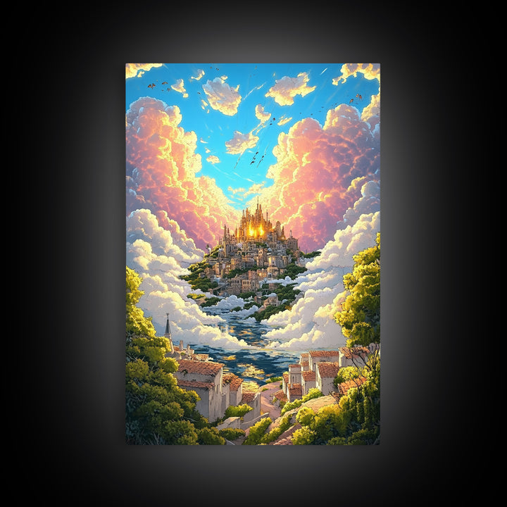 Heavenly Cloud City Above Coastal Village Canvas Print, Fantasy Wall Art, Colorful Landscape Decor, Dreamy Sunlit Poster