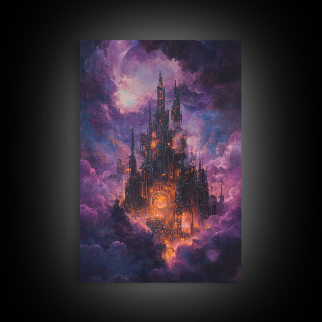 Mystical Purple Cloud Castle Framed Canvas Print, Dark Fantasy Wall Art, Celestial Gothic Decor, Moody Surreal Art Gift For Her