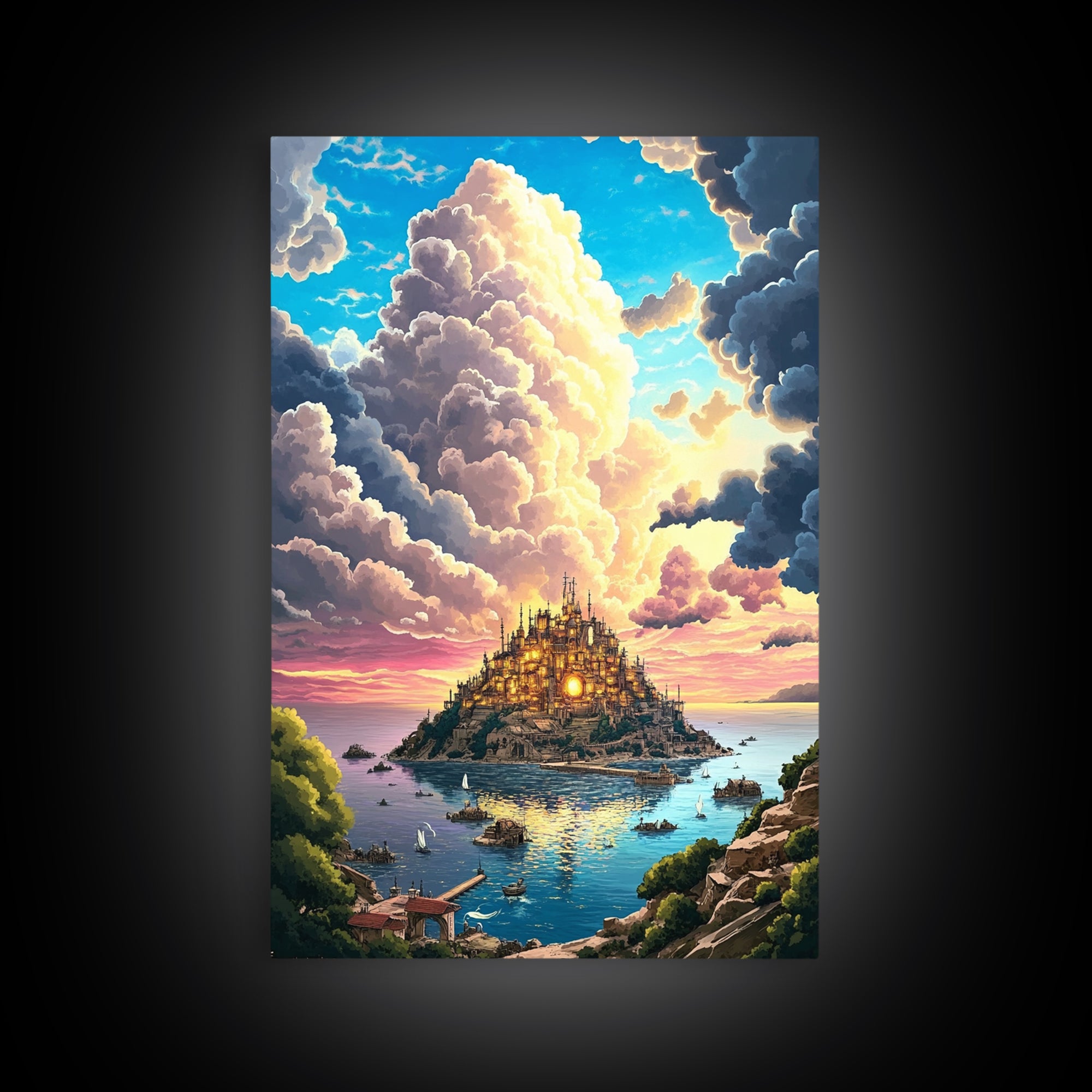 Golden Island Castle At Sunset Canvas Print, Fantasy Seascape Wall Decor, Coastal Landscape Art For Living Room Decor Gift