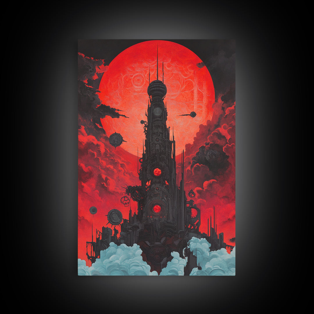 Red Moon Futuristic Tower Wall Art, Dark Sci Fi Cityscape Poster, Cyberpunk Gothic Decor For Gaming Room And Office Decor