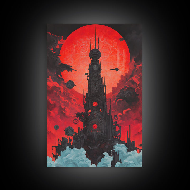 Red Moon Futuristic Tower Wall Art, Dark Sci Fi Cityscape Poster, Cyberpunk Gothic Decor For Gaming Room And Office Decor