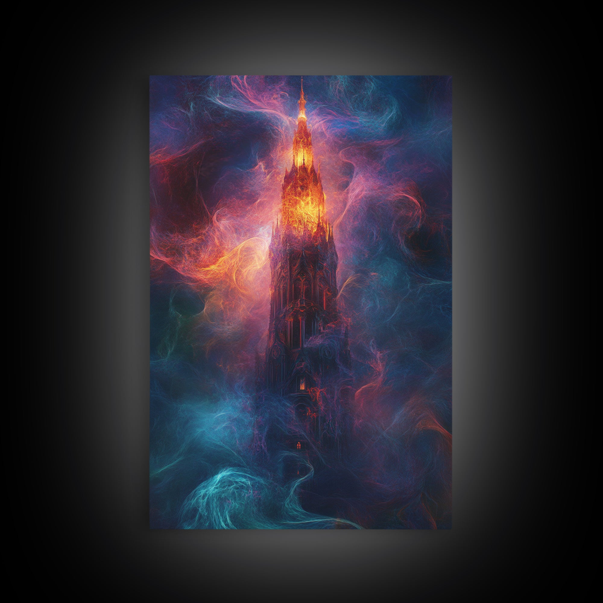 Fiery Gothic Tower Framed Canvas Print, Dark Fantasy Abstract Art, Moody Surreal Wall Decor For Office And Living Room Art