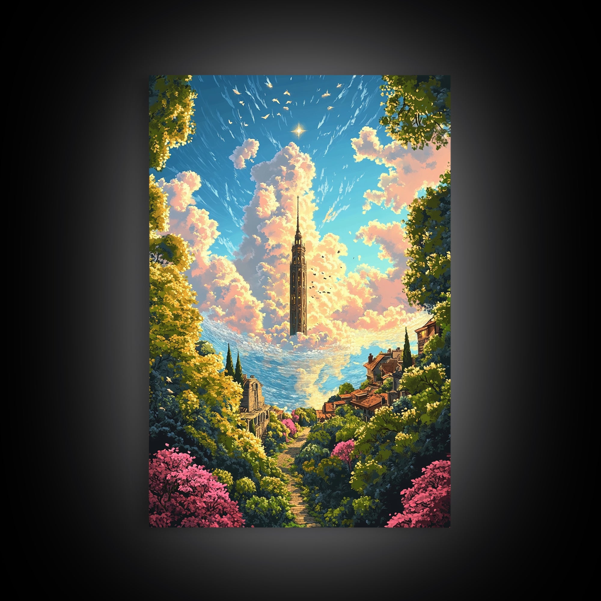 Floating Cloud Tower Canvas Print, Whimsical Fantasy Landscape Wall Art, Dreamy Garden Decor For Bedroom And Nursery Gift