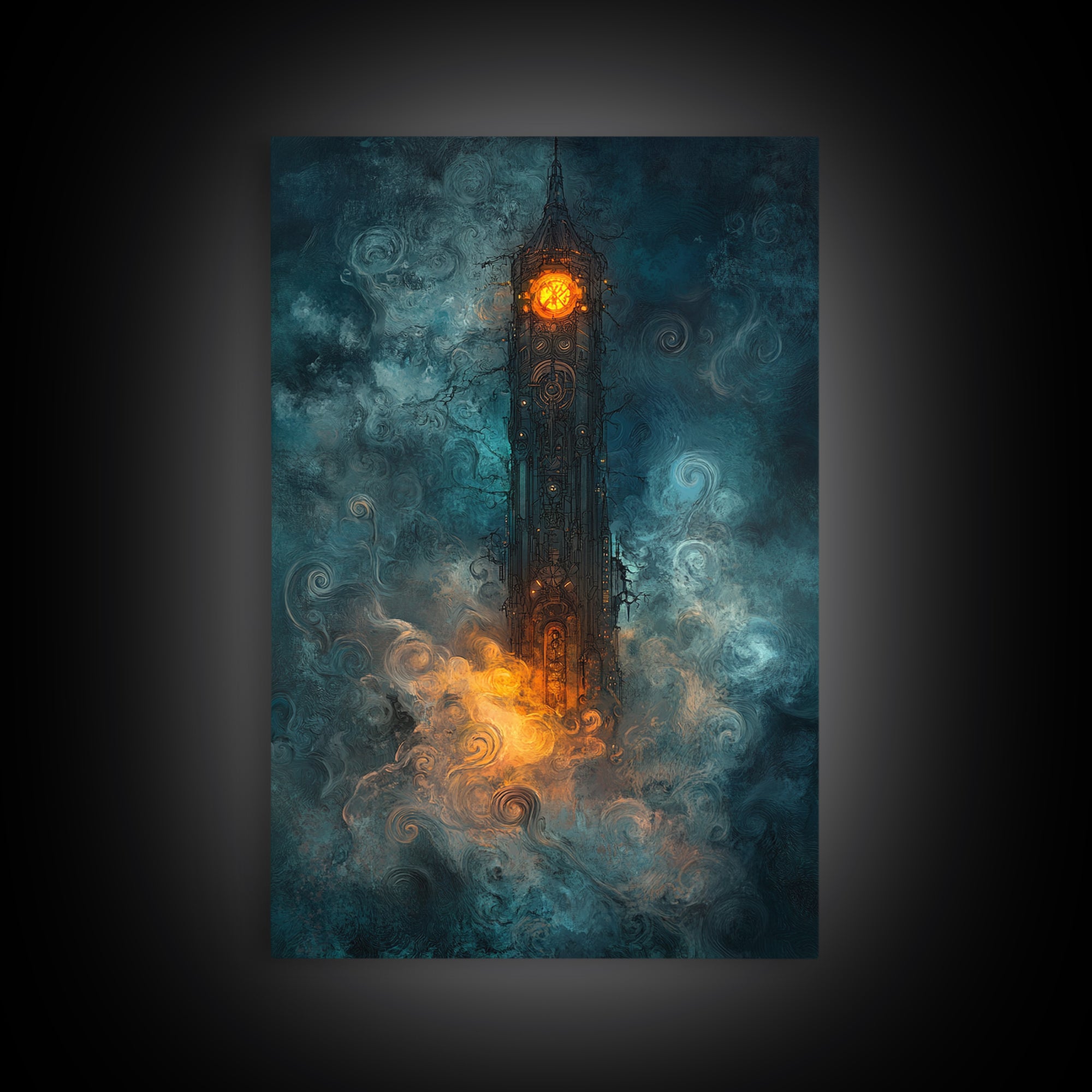 Dark Clock Tower In Teal Fog Wall Art, Gothic Fantasy Castle Canvas, Moody Steampunk Decor, Surreal Large Print, Living Room Wall Decor