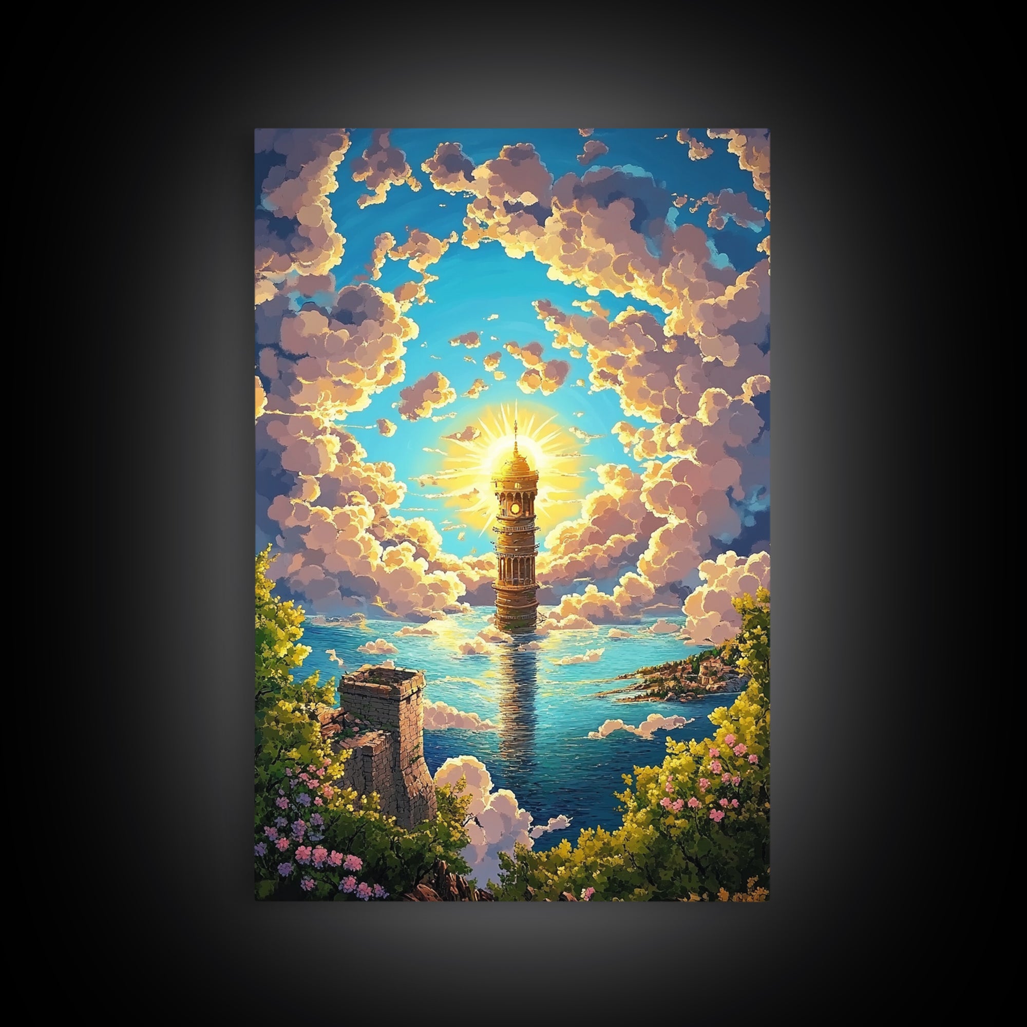 Sunlit Sea Tower And Golden Clouds Framed Canvas Print, Coastal Fantasy Wall Art, Ocean Landscape, Living Room Decor, Home Decor