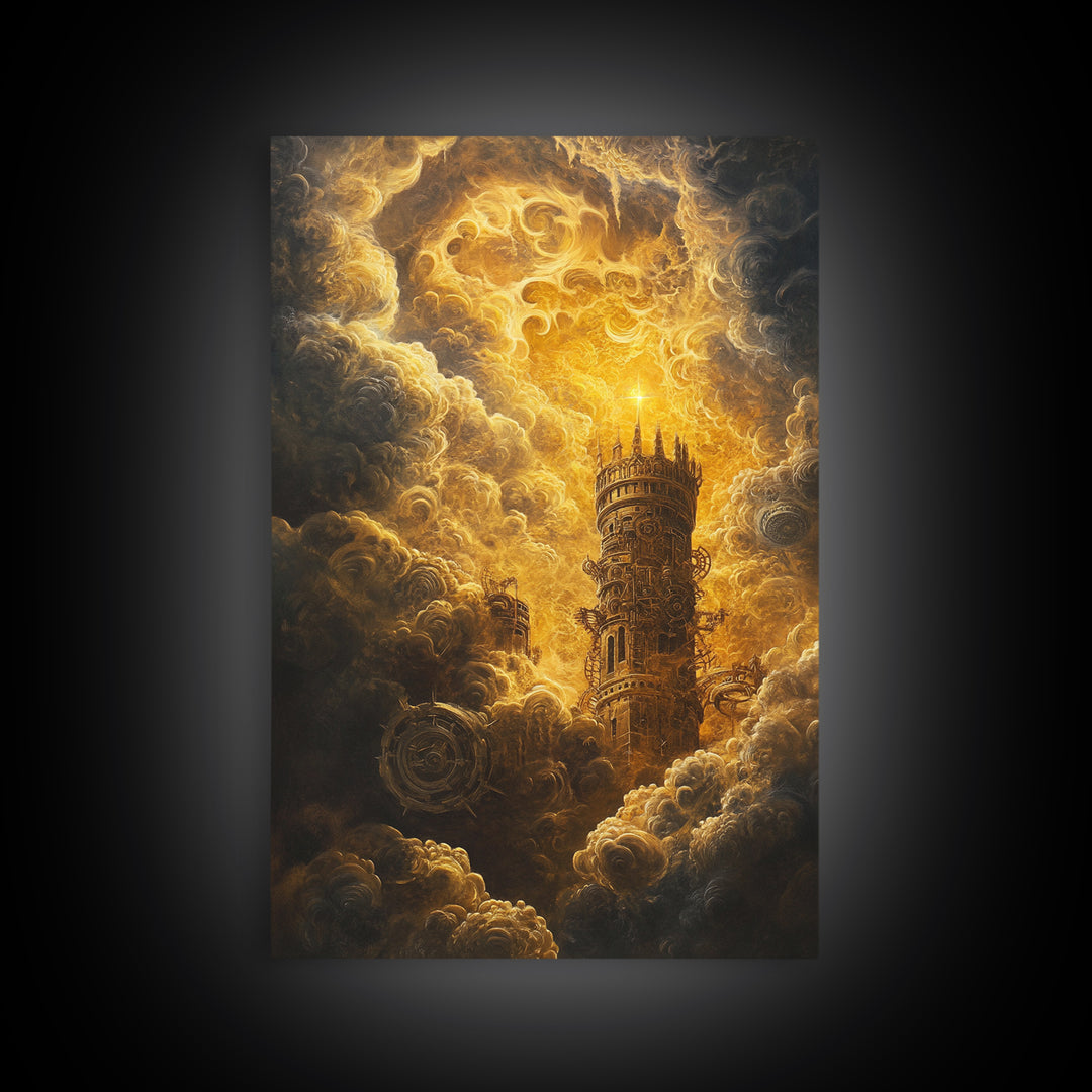 Golden Celestial Tower In Storm Clouds Canvas Print, Dark Fantasy Wall Art, Steampunk Castle, Gothic Living Room Decor Print