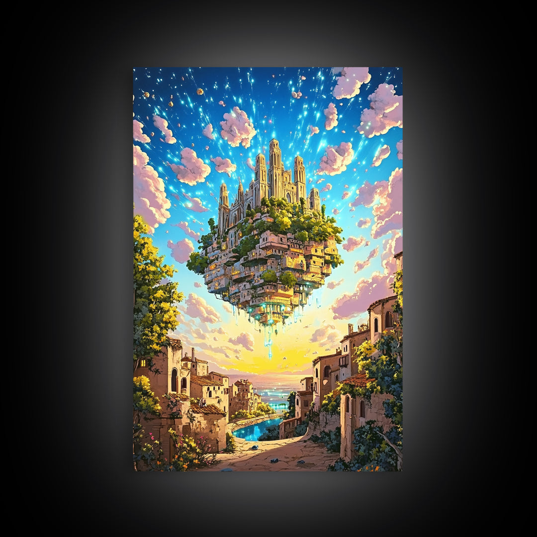 Floating Castle City Over Seaside Village Wall Art, Colorful Fantasy Canvas Print, Whimsical Coastal Living Room Decor Print