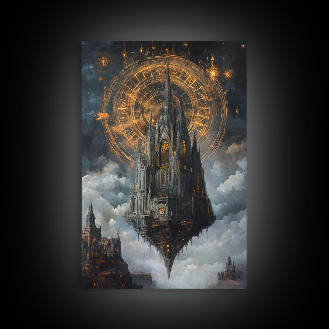 Floating Gothic Cathedral With Celestial Clock Framed Canvas Print, Dark Academia Wall Art, Steampunk Fantasy Office Decor