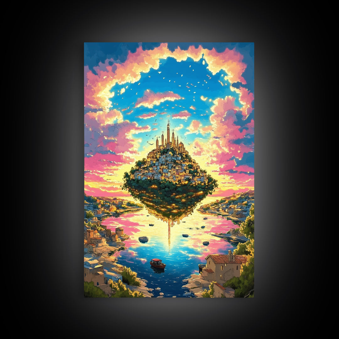 Floating Island City At Pink Sunset Wall Art, Vibrant Fantasy Landscape Canvas Print, Coastal Village, Colorful Home Decor