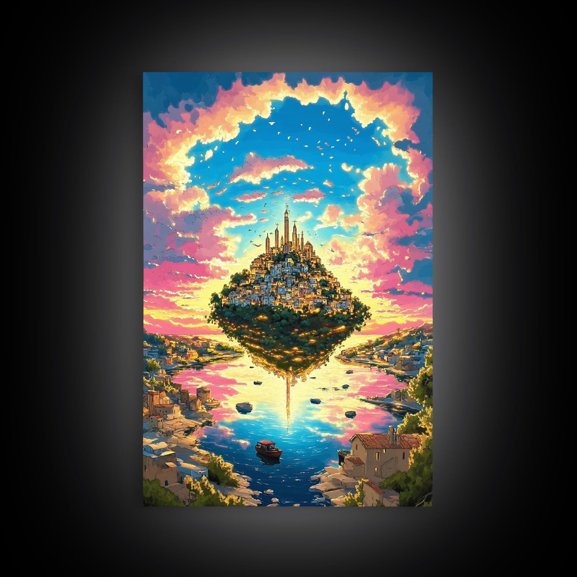 Floating Island City At Pink Sunset Wall Art, Vibrant Fantasy Landscape Canvas Print, Coastal Village, Colorful Home Decor