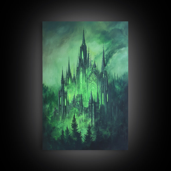 Emerald Gothic Castle In Misty Forest Wall Art, Dark Fantasy Decor, Moody Green Gothic Wall Decor, Magical Castle Print Poster