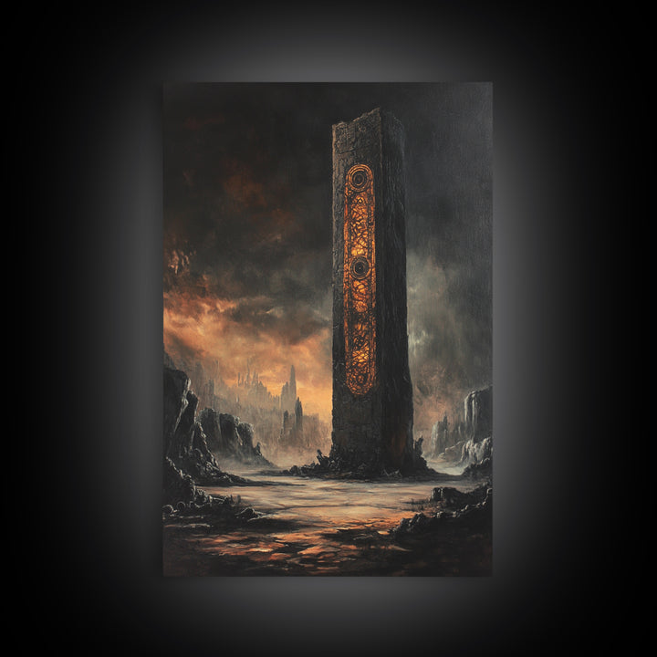 Ancient Rune Monolith In Dark Wasteland Canvas Print, Dystopian Sci Fi Wall Decor, Futuristic Tower Art, Gothic Home Decor