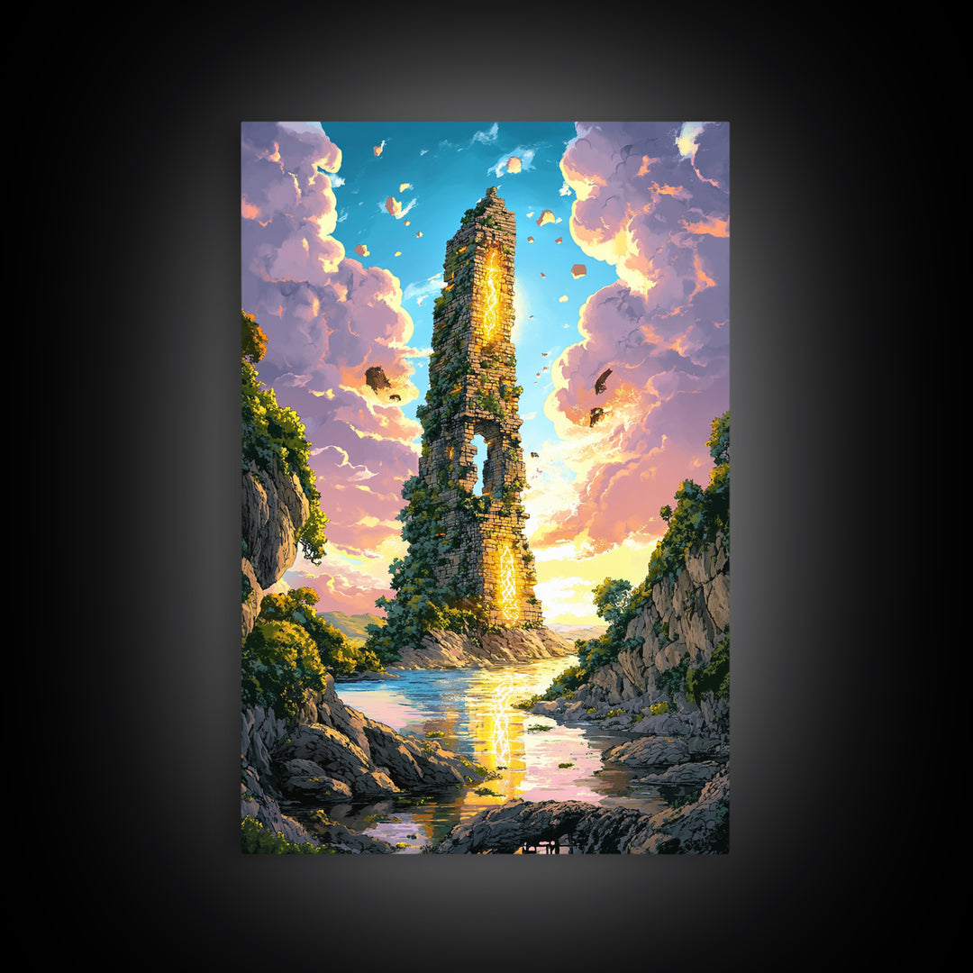 Sunlit Ruined Tower With Golden Portal Canvas Print, Fantasy River Landscape Art, Vibrant Coastal Wall Decor, Magical Home Decor