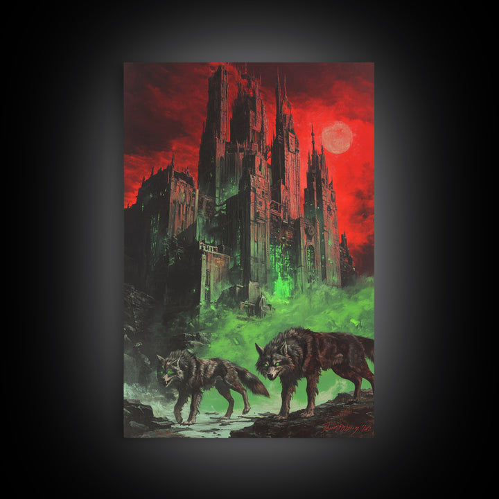 Red Moon Gothic Citadel With Wolves Wall Art, Dark Fantasy Castle Print, Black And Red Wall Decor, Moody Gothic Home Decor