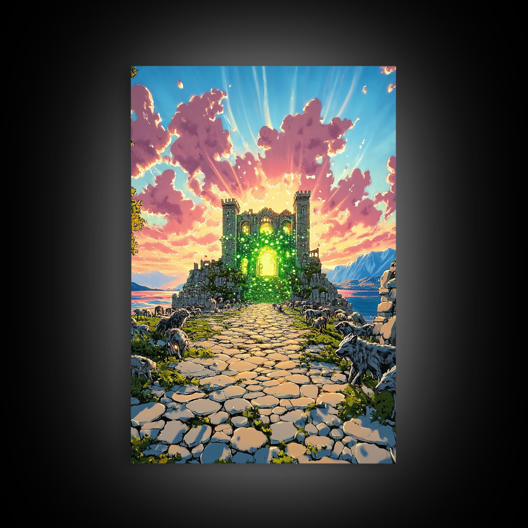 Glowing Green Ruined Castle Path Framed Canvas Print, Fantasy Landscape Wall Art, Colorful Mountain Decor, Whimsical Wolf Art