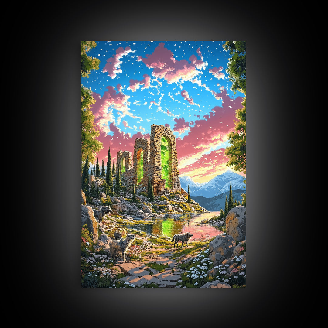 Sunset Stone Ruins With Green Portal Canvas Print, Fantasy Mountain Landscape Wall Art, Vibrant Nature Decor, Whimsical Goat Art