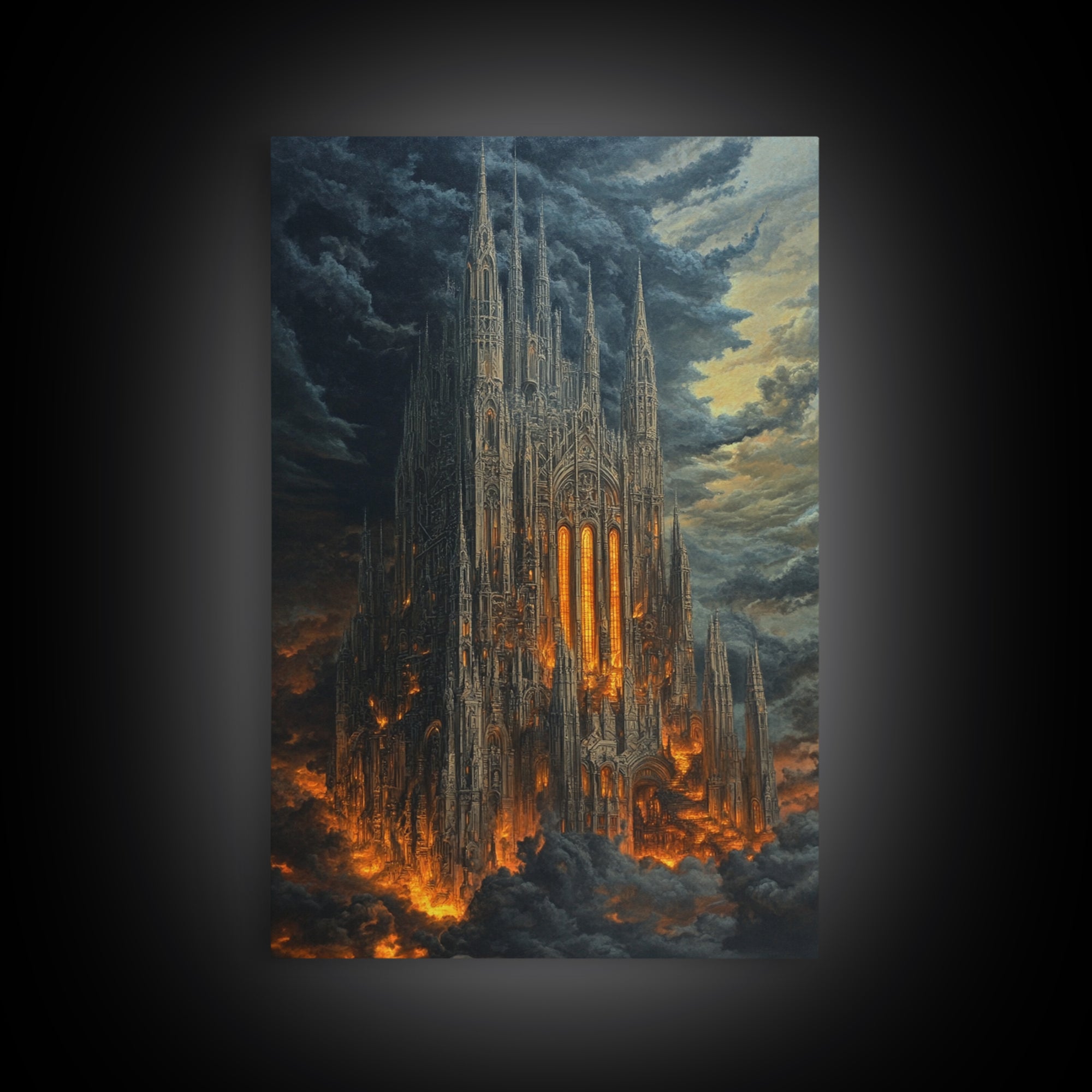 Fiery Gothic Cathedral In Storm Clouds Framed Canvas Print, Dark Fantasy Wall Art, Moody Medieval Decor For Dramatic Rooms