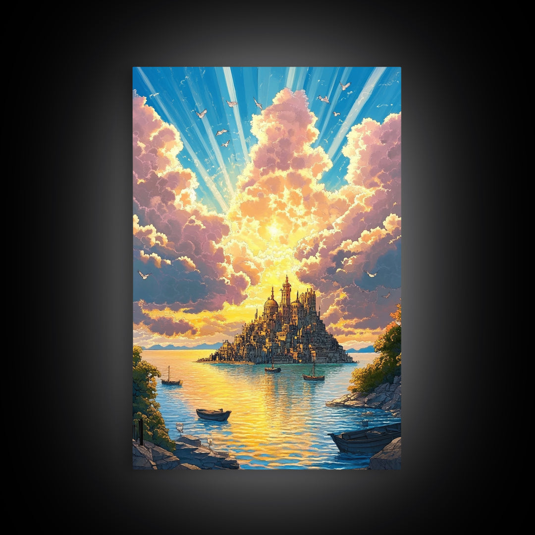 Golden Island Cathedral With Boats Canvas Print, Coastal Fantasy Wall Art, Sunset Seascape Decor For Serene Living Room Art