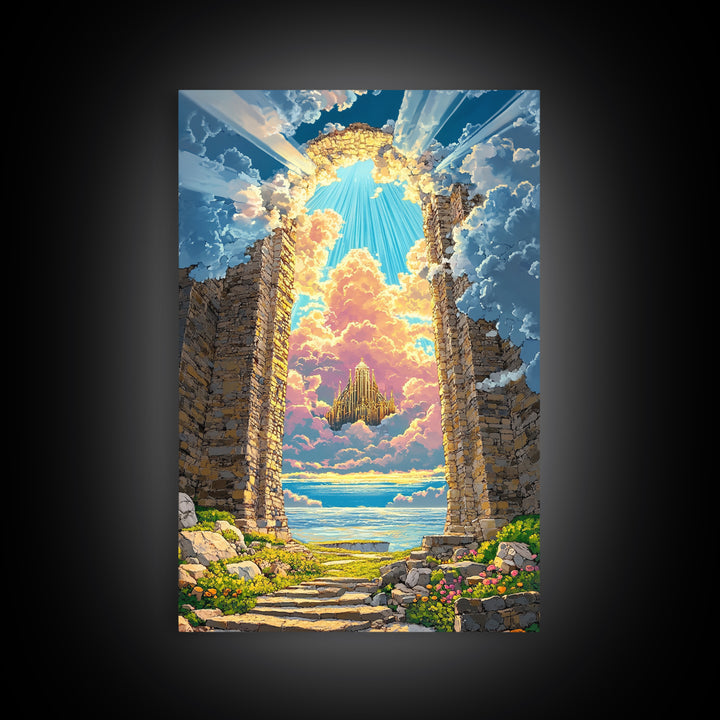 Stone Portal To Floating Castle Framed Canvas Print, Fantasy Landscape Wall Art, Magical Ruins Decor, Unique Gift For Her