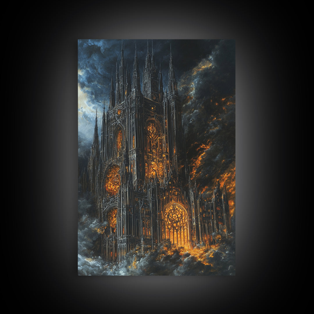 Burning Gothic Cathedral Under Stormy Sky Framed Canvas Print, Dark Academia Wall Art, Moody Medieval Decor Gift For Him