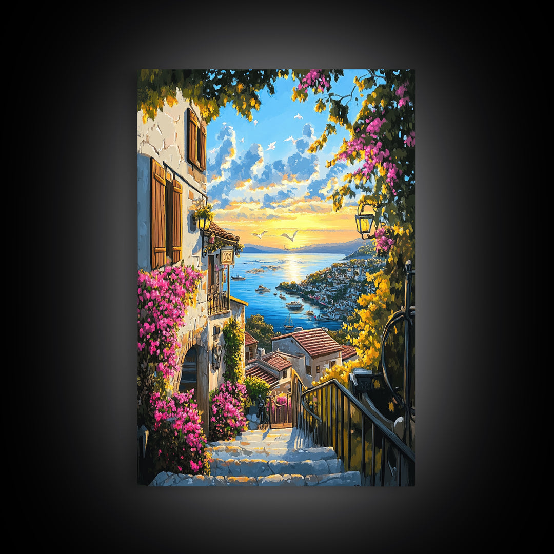 Mediterranean Village Steps Above Blue Sea Wall Art, Coastal Canvas Print, Floral Travel Poster Decor, Gift For Her Home Decor
