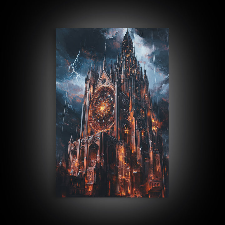 Stormy Gothic Cathedral With Lightning Framed Canvas Print, Dark Fantasy Wall Art, Dramatic Medieval Decor For Masculine Office