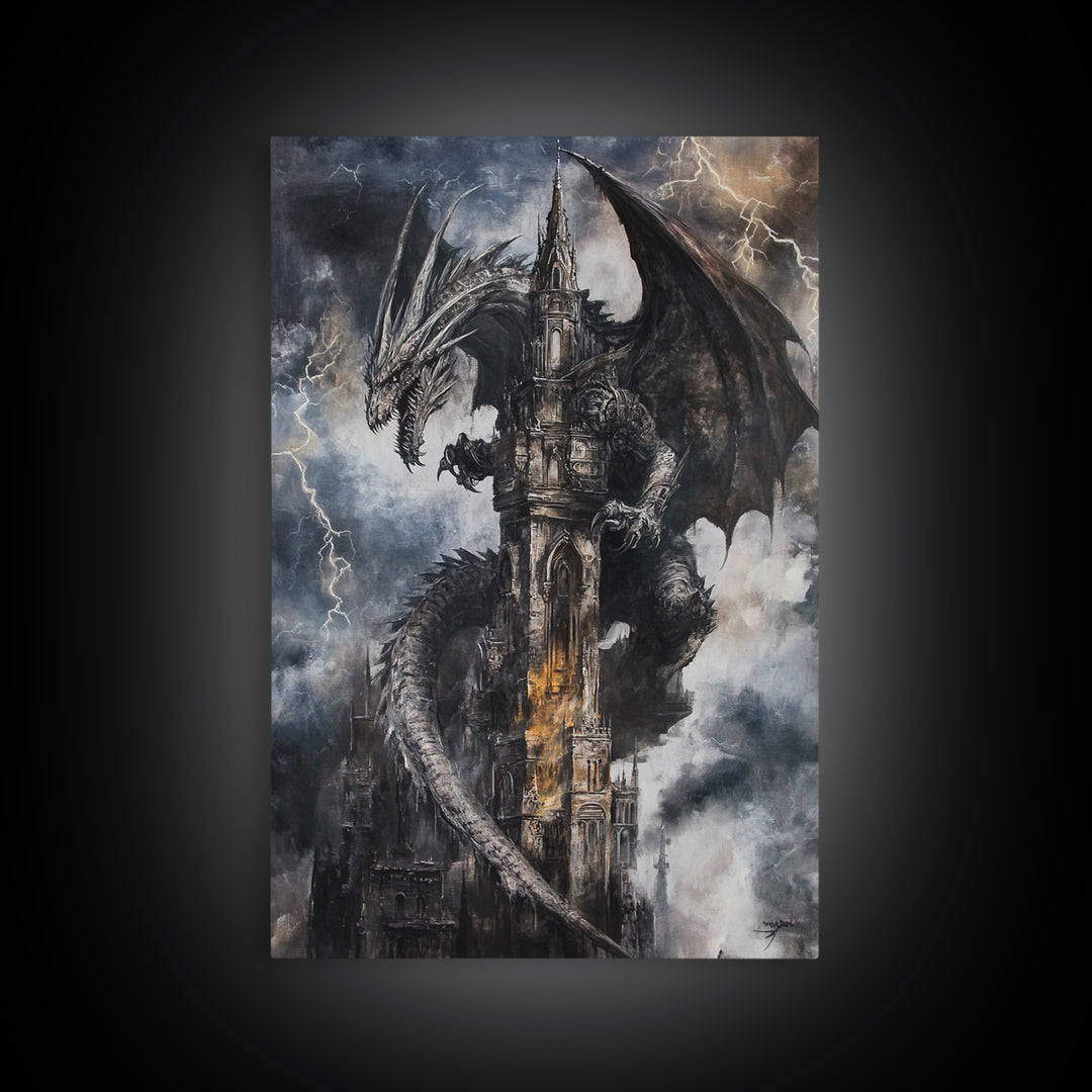 Dark Storm Dragon Cathedral Wall Art, Gothic Fantasy Castle Canvas, Lightning Dragon Print, Moody Medieval Home Decor Gift