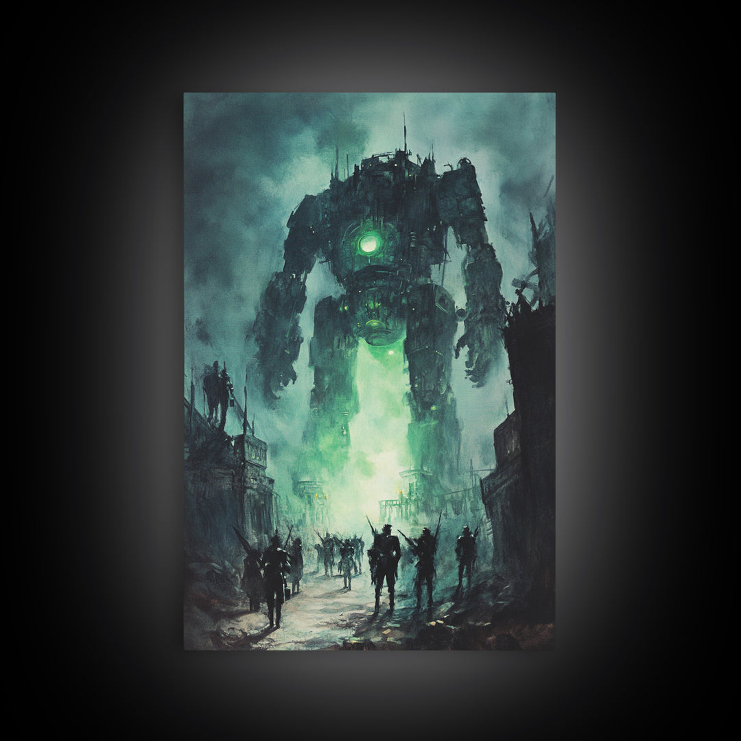 Green Glow Giant Robot Wall Art, Dark Sci Fi Dystopian City Canvas, Futuristic Mech Print, Gaming Room Decor Gift For Him