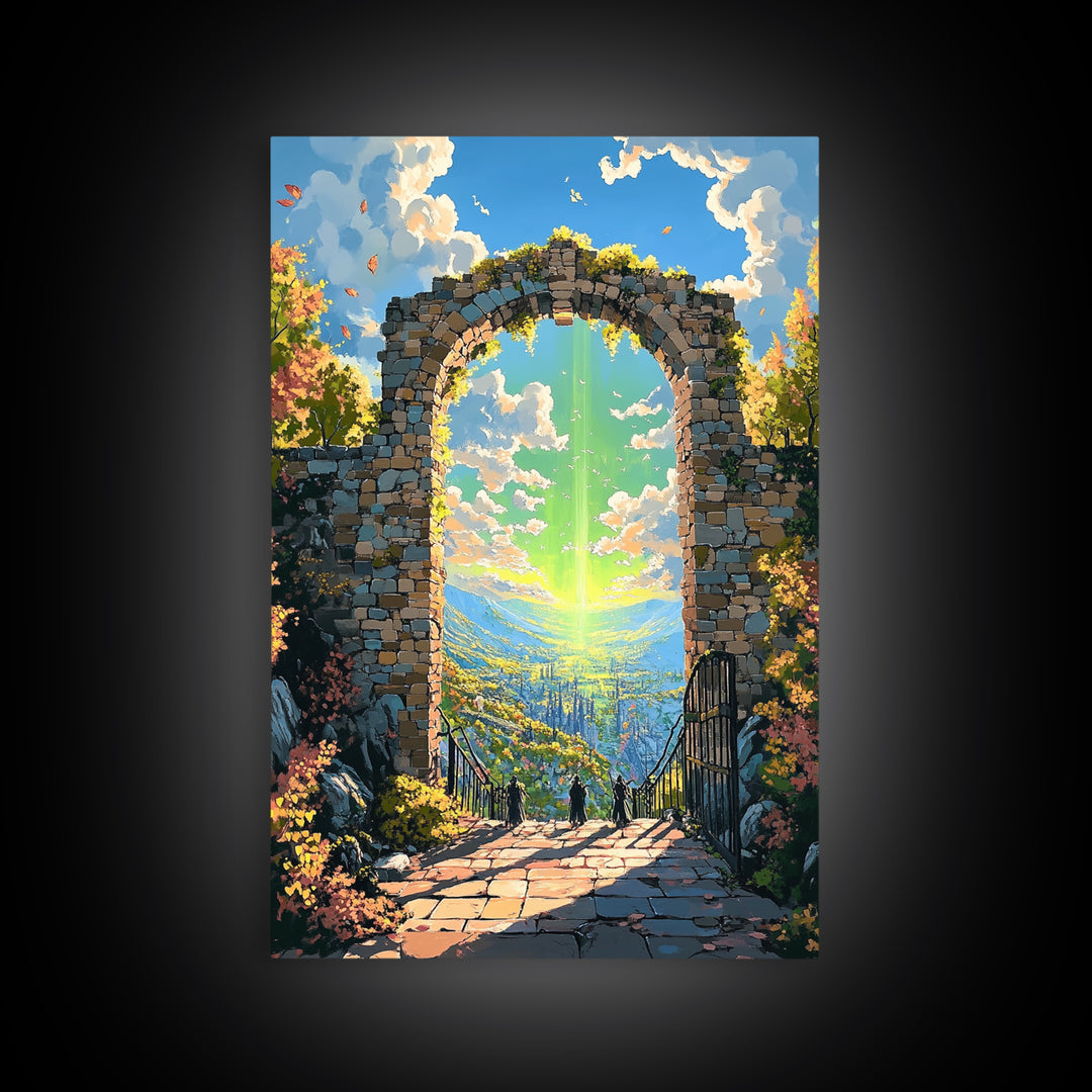 Sunlit Stone Arch Wall Art, Fantasy Coastal Ruins Canvas Print, Ocean Garden Path Landscape, Mediterranean Home Decor Gift