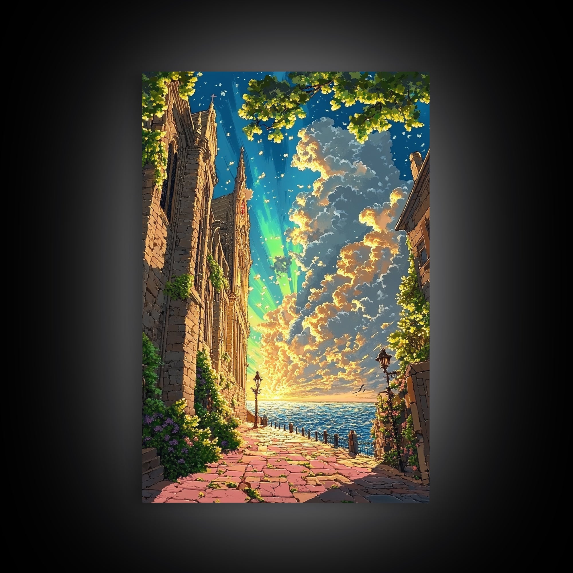 Seaside Gothic Cathedral Wall Art, Sunset Fantasy City Path Print, Aurora Sky Castle Decor, Whimsical Coastal Home Decor