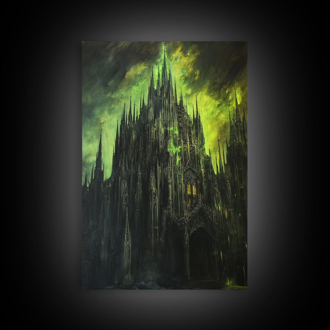 Dark Green Gothic Cathedral Wall Art, Moody Fantasy Castle Canvas Print, Black Spire Architecture, Dark Academia Decor Gift