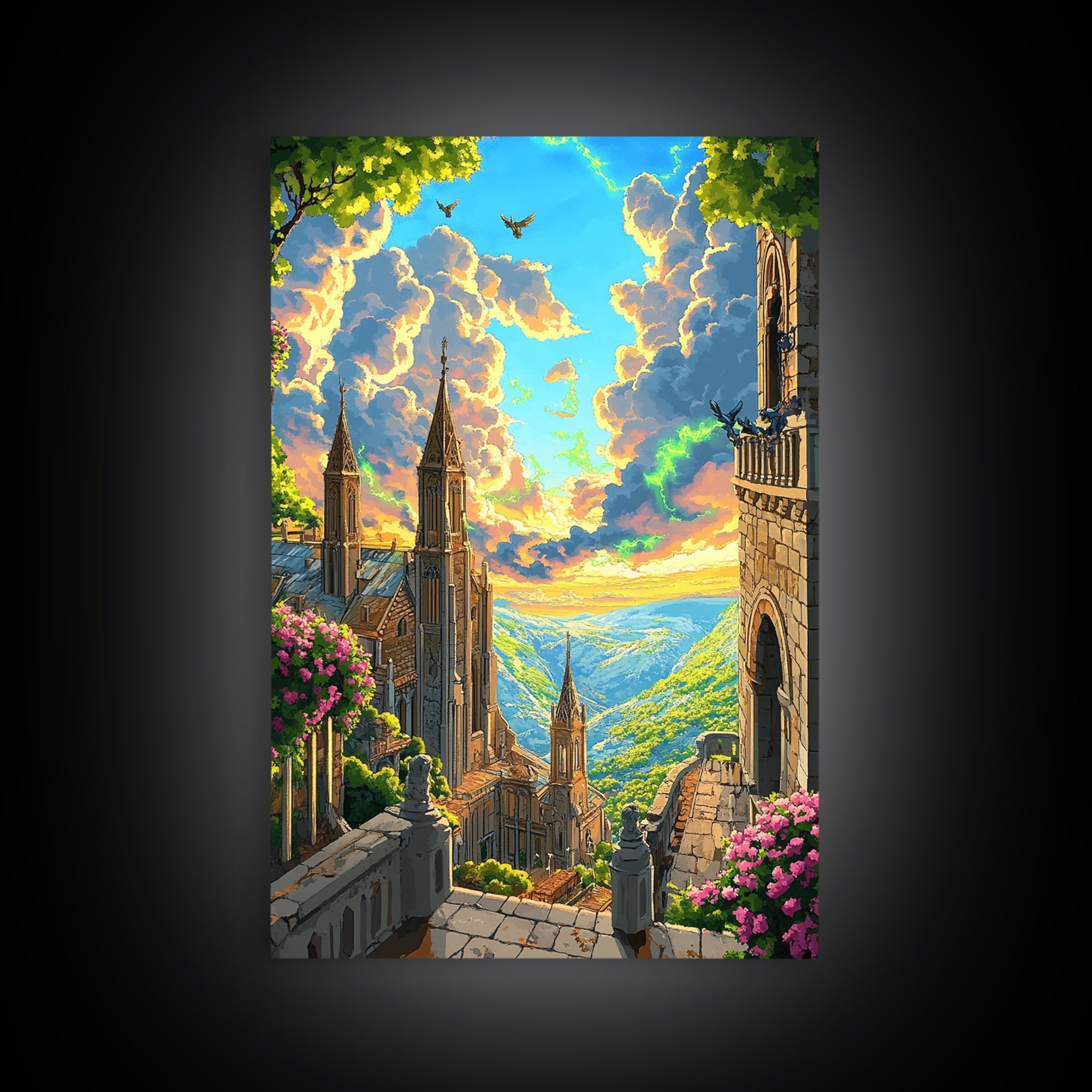 Sunlit Fantasy Cathedral Wall Art, Mountain Valley Castle Print, Floral Stone Balcony Landscape, Whimsical Home Decor Gift