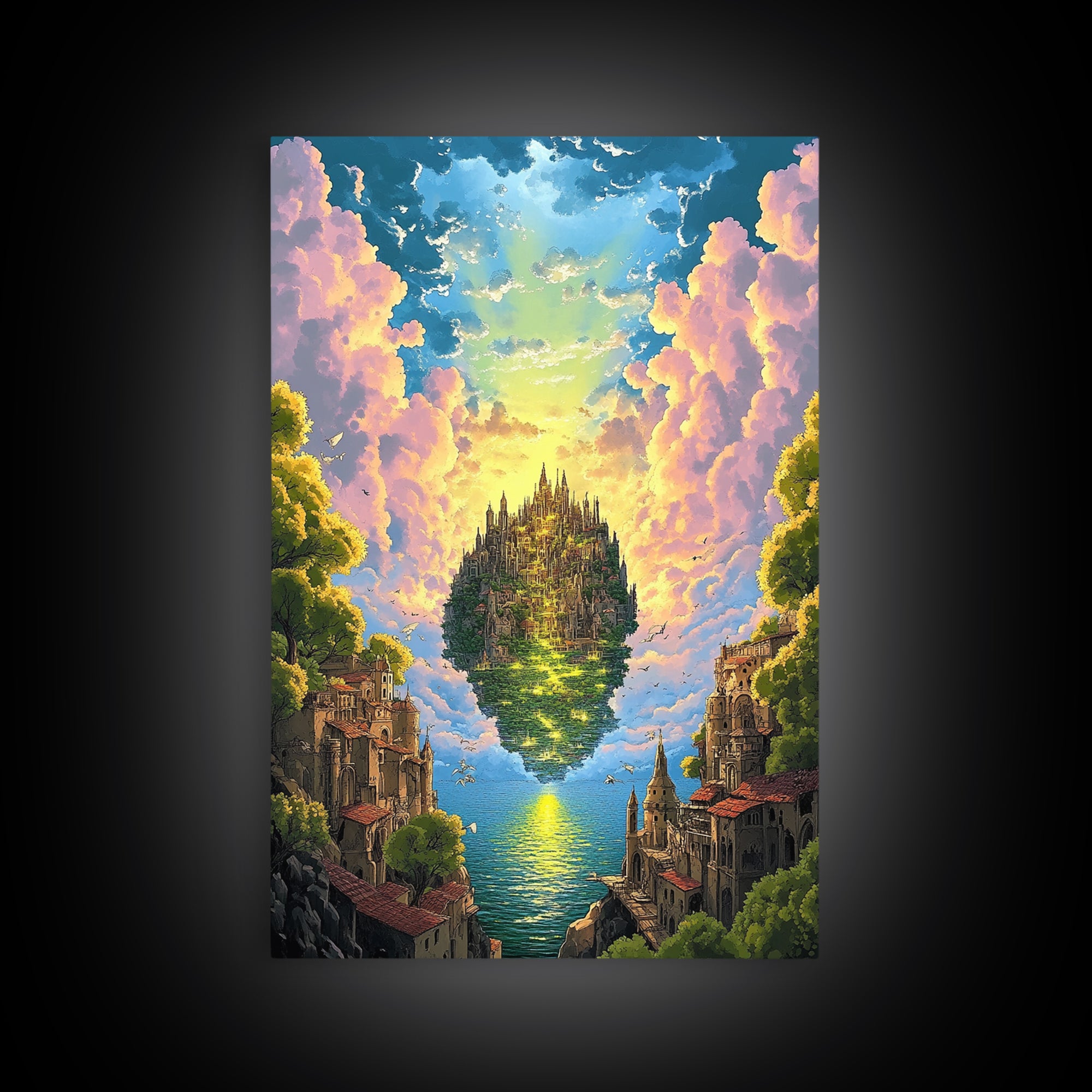 Floating Island Castle At Golden Sunset Canvas Print, Fantasy Wall Decor, Coastal Landscape Art, Large Living Room Decor