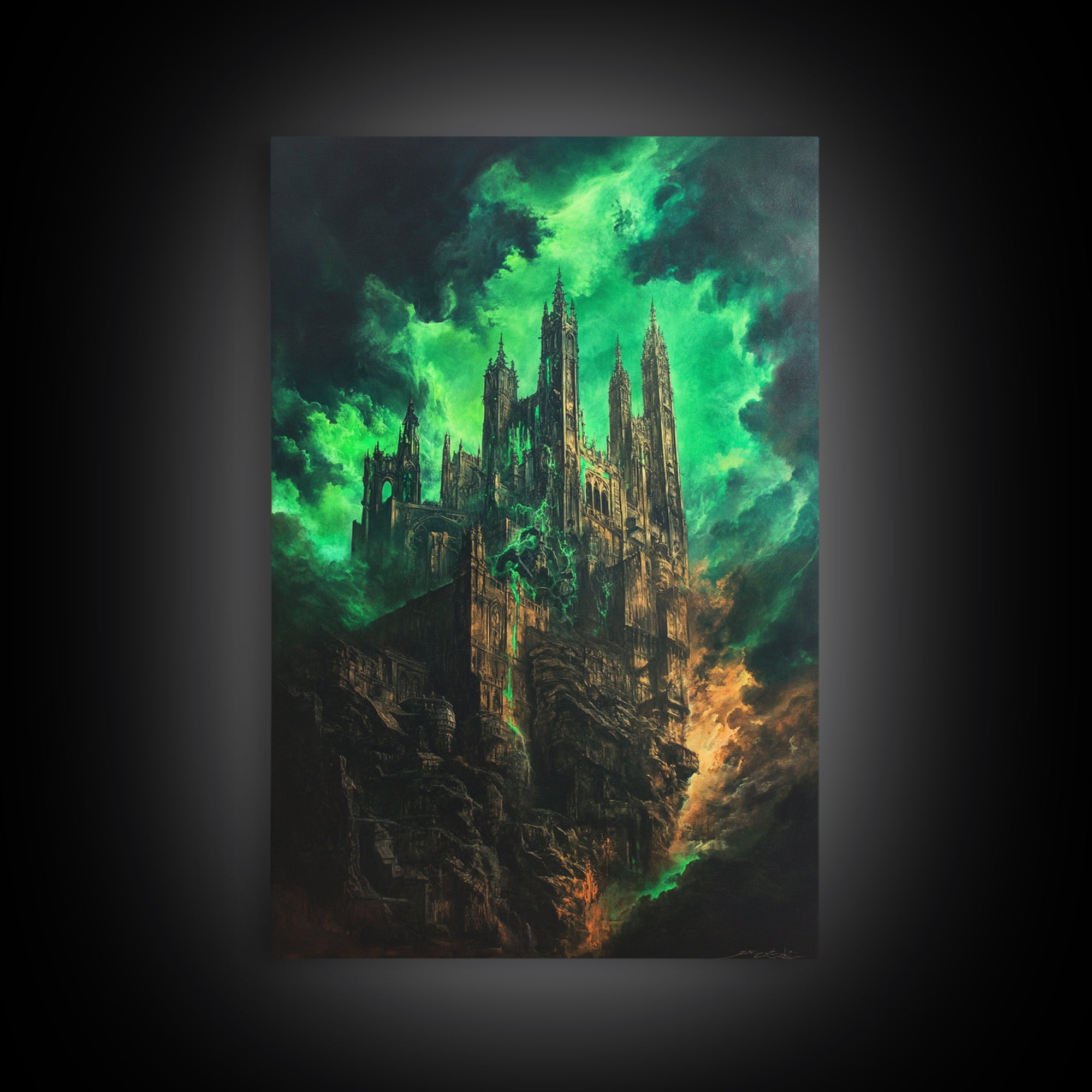 Emerald Gothic Cathedral In Storm Clouds Framed Canvas Print, Dark Fantasy Art, Moody Wall Decor, Dramatic Office Decor