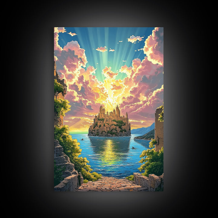 Sunlit Island Castle With Pink Clouds Canvas Print, Fantasy Landscape Wall Art, Coastal Decor, Large Living Room Art, Home Decor