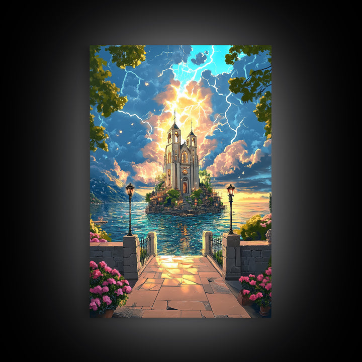 Lightning Over Island Cathedral And Lake Walkway Wall Art, Fantasy Landscape Print, Statement Living Room Decor Gift Idea