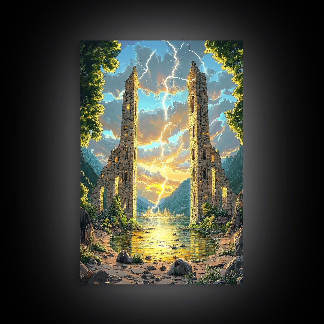 Ancient Ruined Towers With Lightning At Lake Canvas Print, Fantasy Landscape Wall Art, Mountain Decor, Dramatic Home Decor
