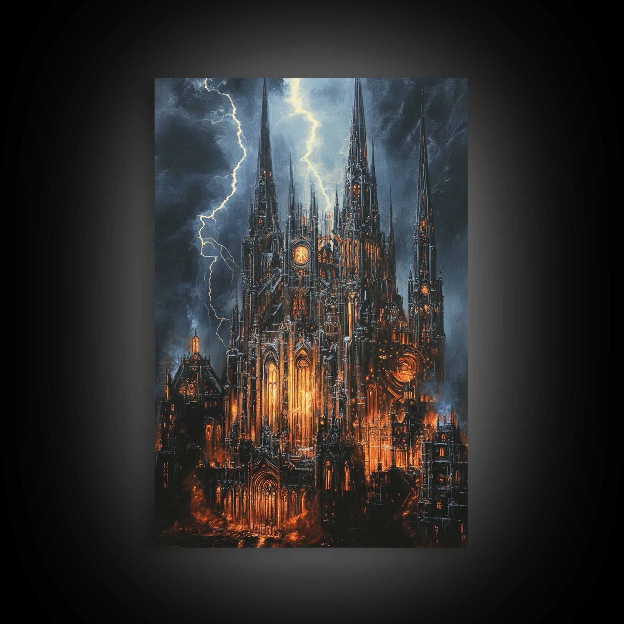 Stormy Gothic Cathedral With Orange Glow Framed Canvas Print, Dark Academia Wall Art, Moody Office Decor, Fantasy Art, Gift