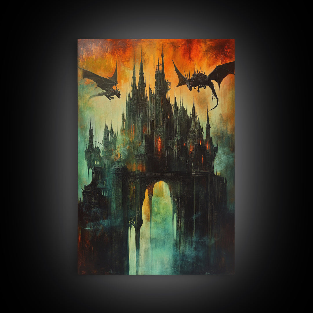 Dragon Silhouettes Above Dark Castle Canvas Print, Gothic Fantasy Wall Art, Surreal Art Print, Moody Living Room Decor, Gift