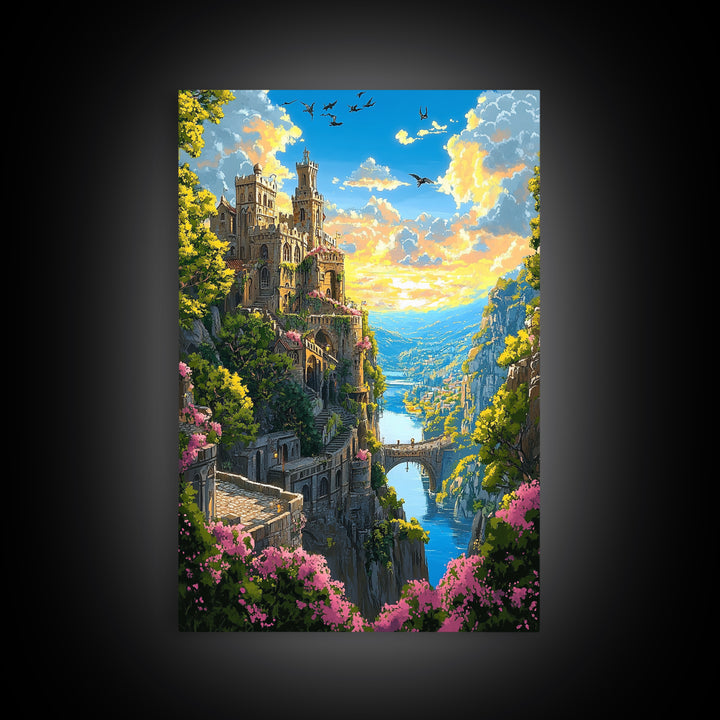 Cliffside Castle Garden Over Blue Valley Wall Art, Fantasy Landscape Print, Colorful Home Decor, Large Living Room Art, Gift