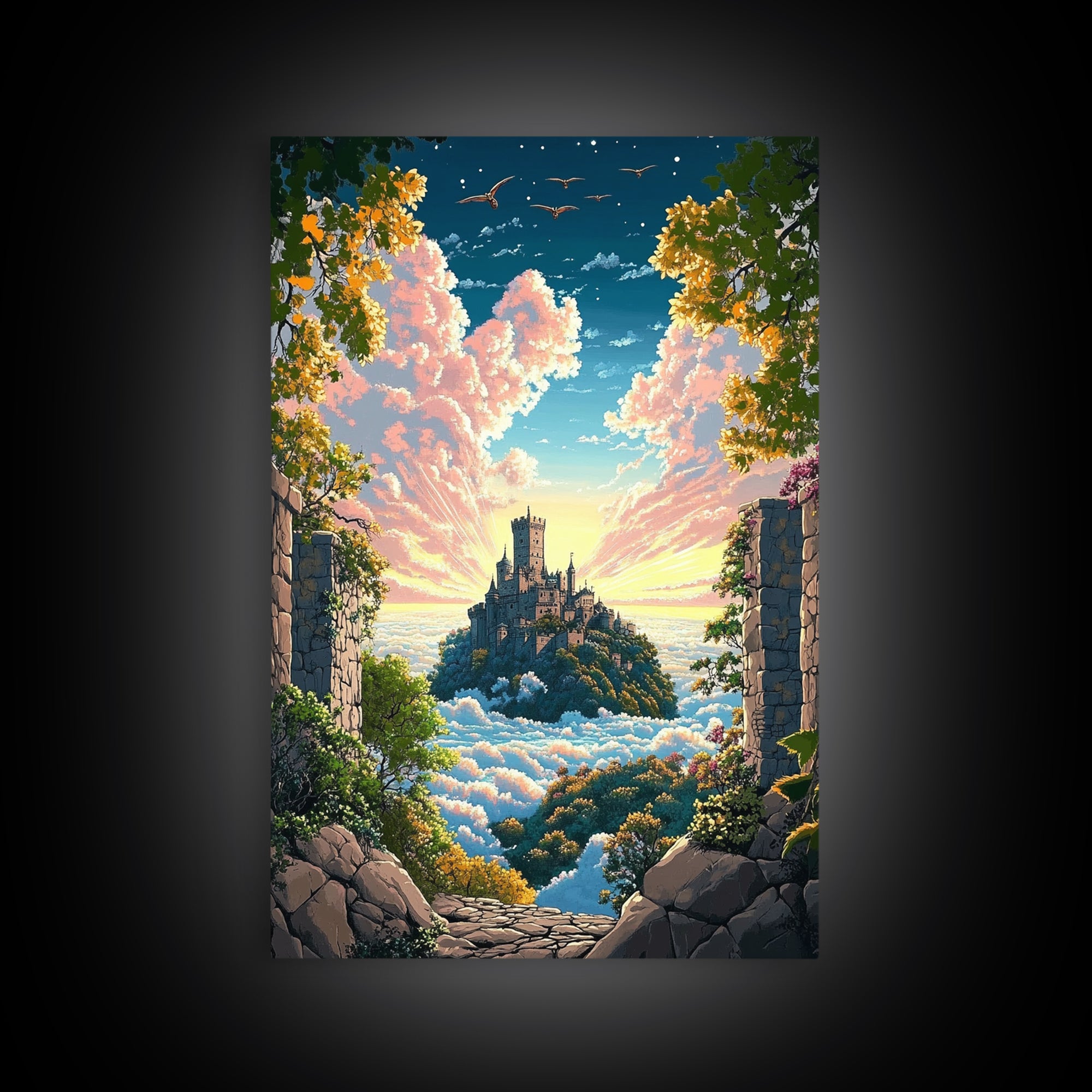 Castle Above Clouds Through Stone Gate Canvas Print, Dreamy Fantasy Wall Art, Whimsical Decor, Large Bedroom Wall Art, Gift