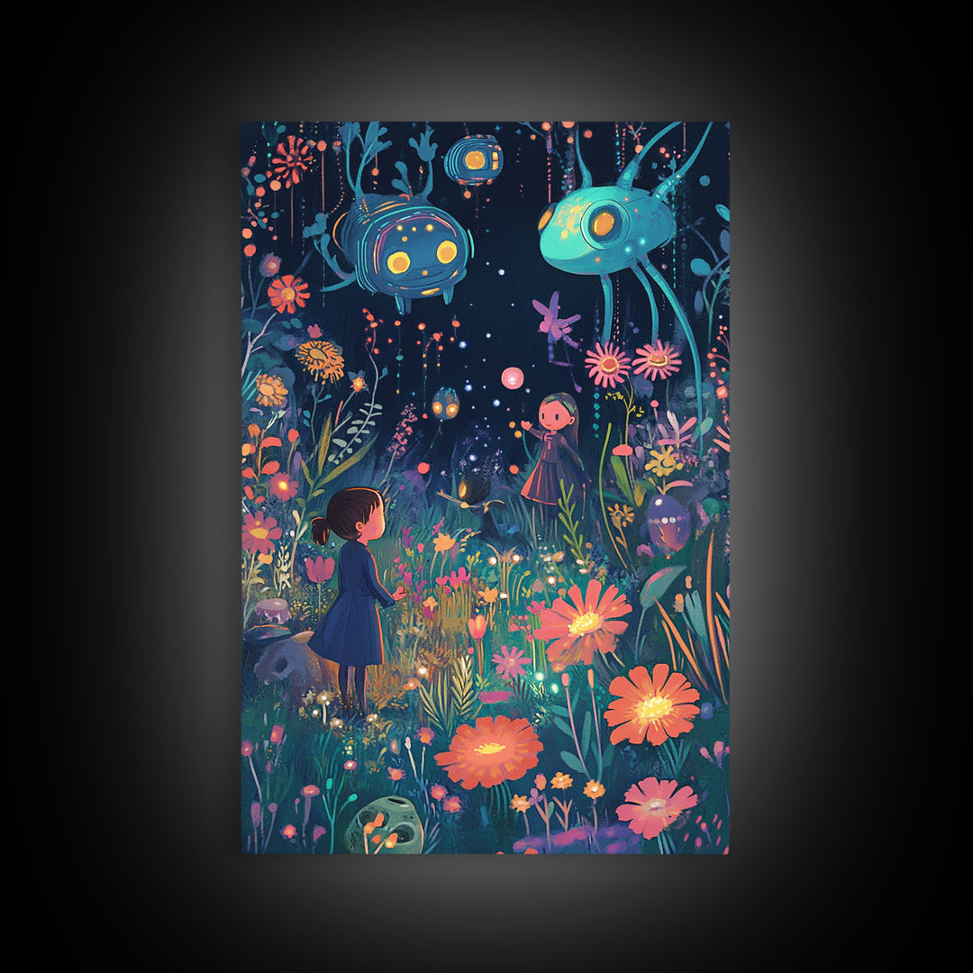 Whimsical Night Garden With Glowing Flowers Canvas Print, Kids Room Wall Art, Nursery Decor, Colorful Fantasy Art Gift Idea