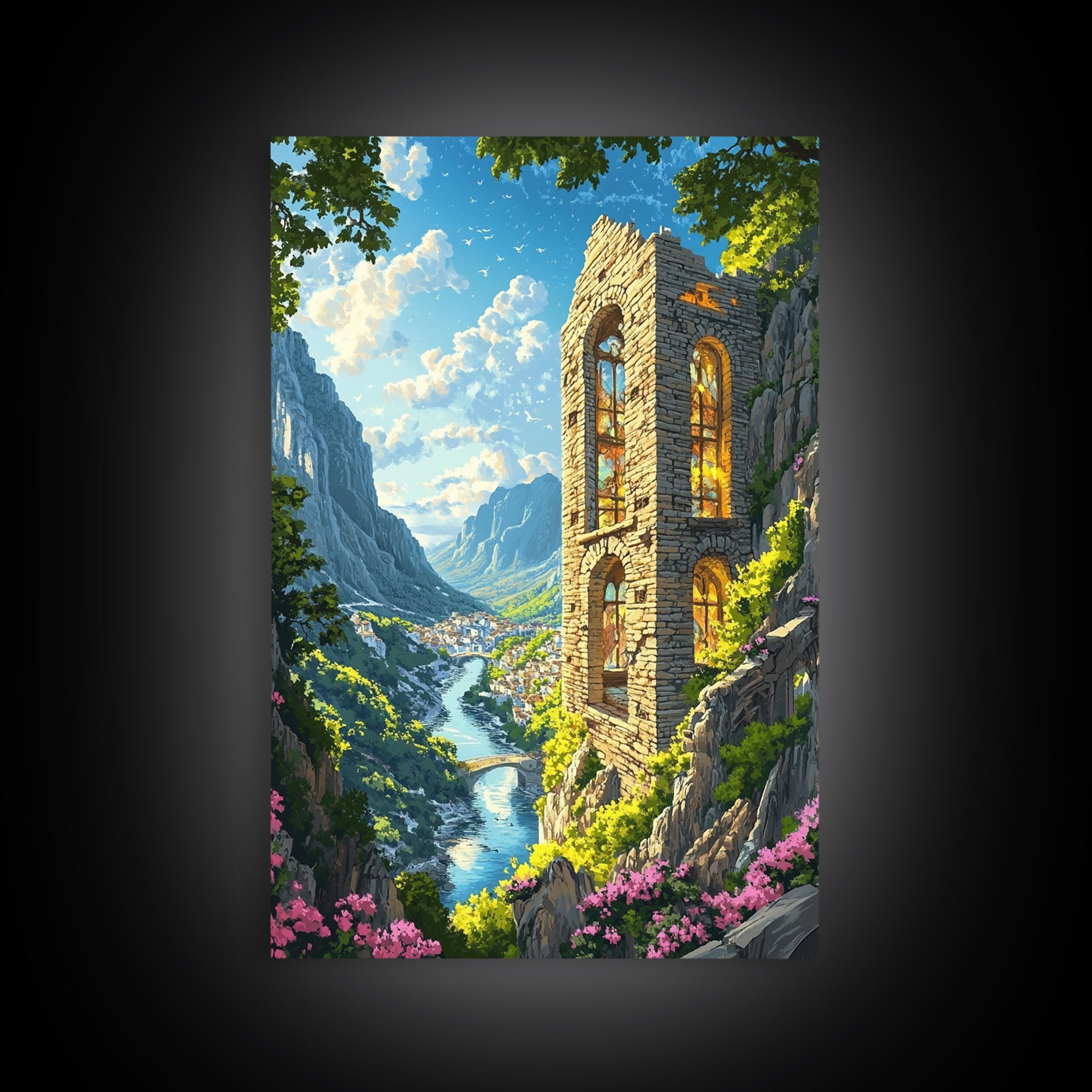 Sunlit Cliffside Stone Tower Above Alpine River Valley Wall Art, Fantasy Landscape Print, Gothic Ruins Decor Gift For Living Room
