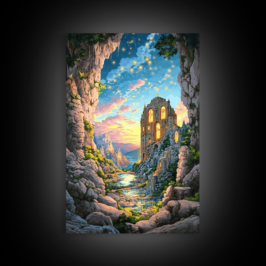 Twilight Cave Ruins With Glowing Windows And Starry Sky Framed Canvas Print, Fantasy Mountain Wall Decor For Cozy Home Gift