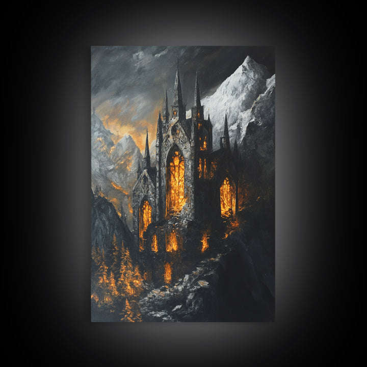 Dark Gothic Cathedral In Snowy Mountains With Amber Windows Canvas Print, Moody Fantasy Wall Art, Dark Academia Decor For Office